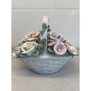 Vintage Capodimonte Porcelain Weaved Flower Basket With White Pink Roses Handle